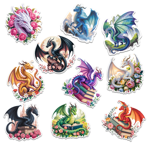 (10PCS) Fire Dragon Stickers 3in, Fantasy Dragons Stickers for Water Bottle Laptop, Kids gift Stickers Pack, book lover sticker