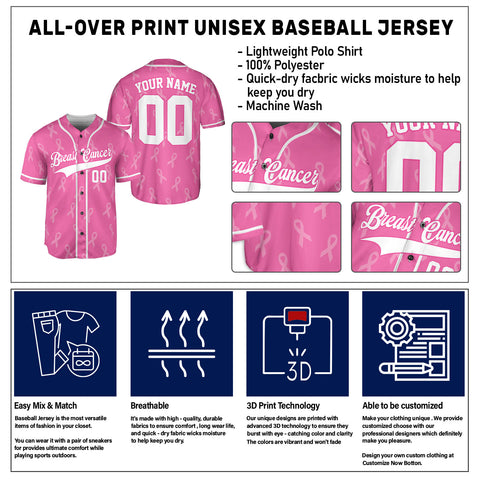 Personalized Number and Name Breast Cancer Jersey, Baseball Breast Cancer Survivor Pride Jersey