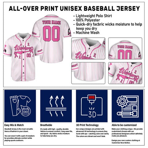 Personalized Name Number Breast Cancer Jersey, Breast Cancer Awareness Warriors Baseball Jersey for women