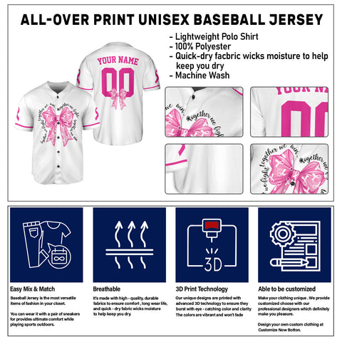 Personalized Number and Name Pink Bow Breast Cancer Jersey, Baseball Breast Cancer Survivor Pride Jersey