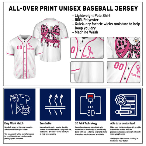 Custom Number and Name Breast Cancer Jersey, Baseball Breast Cancer Survivor Pride Jersey