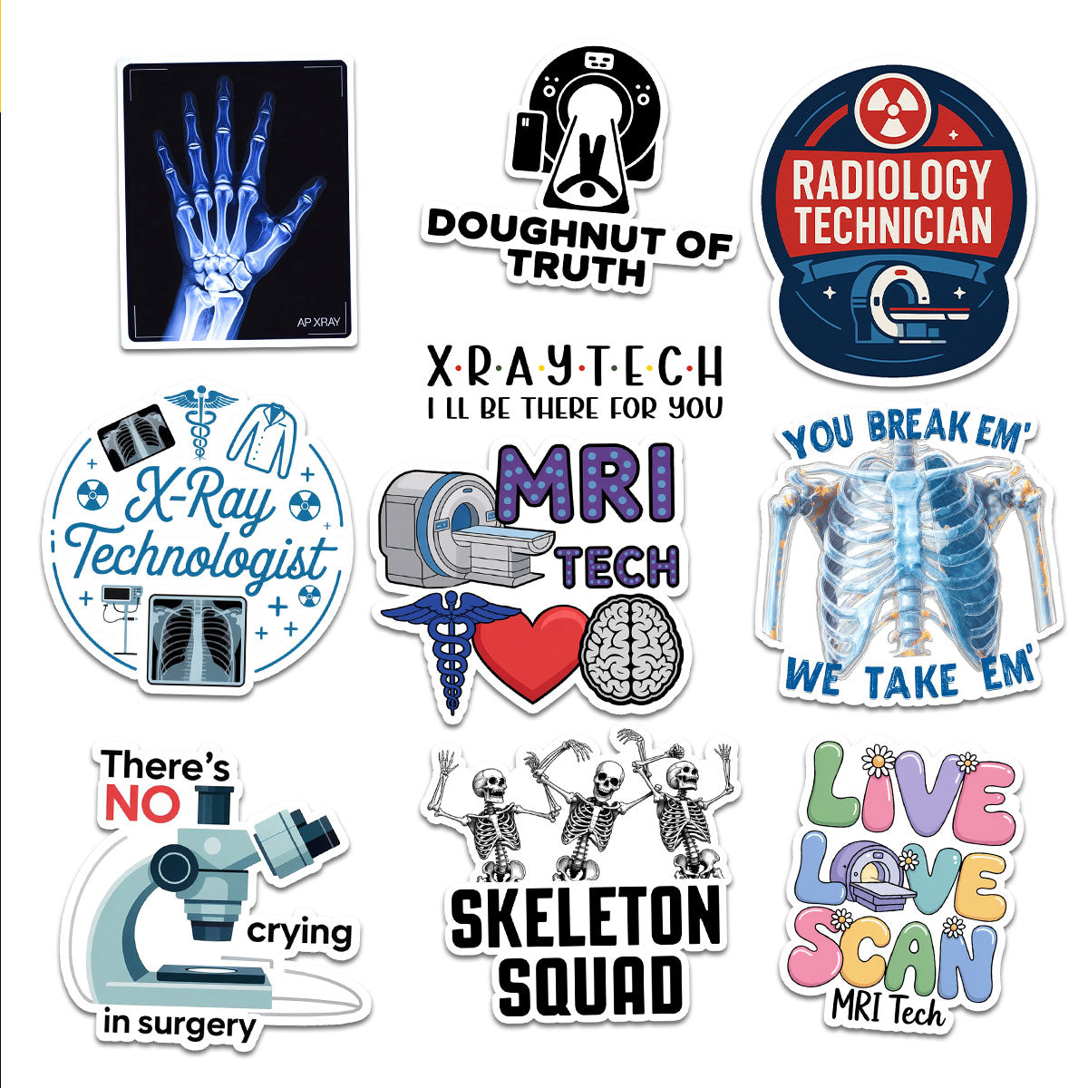 10PCS Rad Tech Stickers 3in, Radiology Stickers, Xray Tech Decals for Water Bottle and Laptop - Radiology Party Favors & Decorations, Waterproof Vinyl Medical sticker