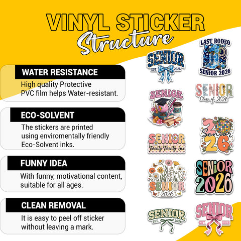 10PCS Senior Class of 2026 Stickers 3in, Graduation Waterproof Vinyl Decals Decor Water Bottle Laptop Phone Notebook, Gifts for Graduater Student