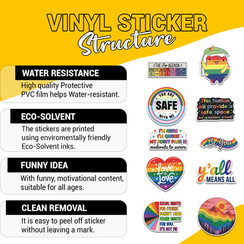 (10PCS) LGBTQ+ Pride Stickers 3in, Rainbow Pride Decorations Vinyl Stickers, Rainbow Ally Subtle LGBTQ Decals for laptop book water bottle