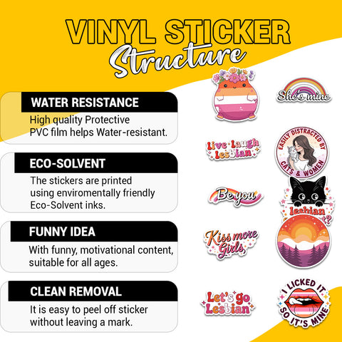 10PCS Lesbian Pride Stickers 3in, Lesbian Love Waterproof Vinyl Decals for Water Bottles Book Laptop Luggage, Encouragement Décor