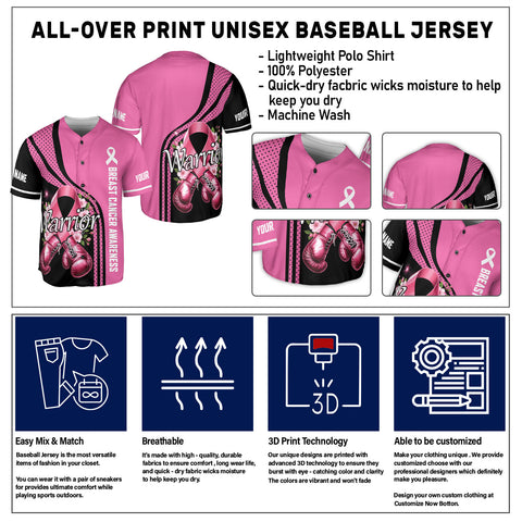 Personalized Name Breast Cancer Jersey, Breast Cancer Awareness Warior Baseball Jersey for women men