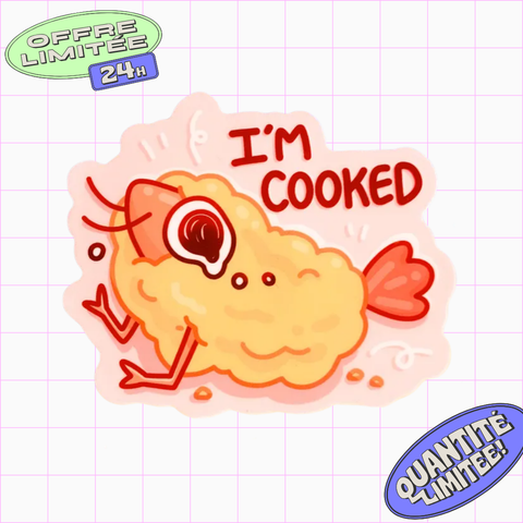 I'm Cooked Sticker Shrimp Tempura Crustacean Design Funny Humor Sticker for Laptop, Water Bottle