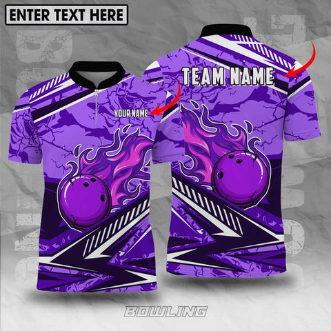 Mostprints Bowling And Pins Purple Fire Customized Name, Team Name 3D Shirt