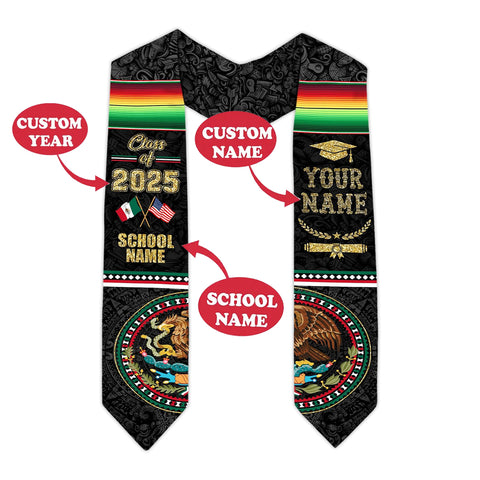 Custom Mexican American Flag Graduation Stole 2025, Mexico Grad Sash, class of 2025
