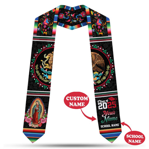 Custom Mexican flag and floral Graduation Stole class of 2025, Mexico Grad Sash