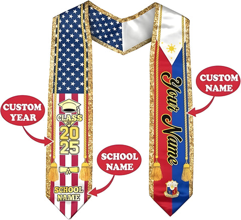 Filipinos Graduation Sash, Custom Filipinos American Flag Graduation Sash 2025, Philippines Graduation Stole