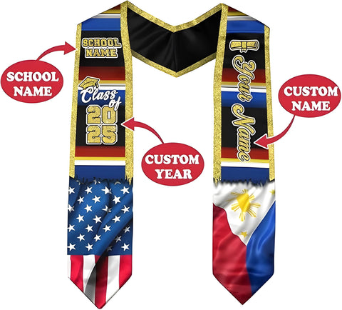 Filipinos Graduation Sash 2025, Custom Filipinos American Flag Graduation Stole 2025, Philippines Graduation Stole