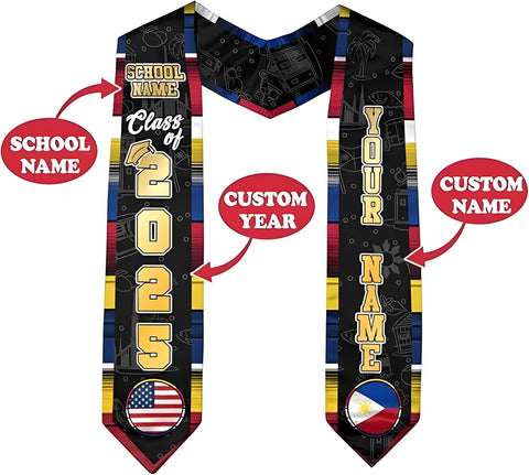 Filipinos Graduation Sash 2025, Custom Filipinos American Flag Graduation Stole 2025, Philippines Graduation Sash