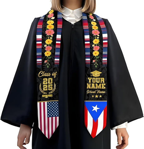 Custom Puerto Ricans Graduation Sash 2025, Puerto Rico American Flag Graduation Sash, Puerto Rico Graduation Stole 2025