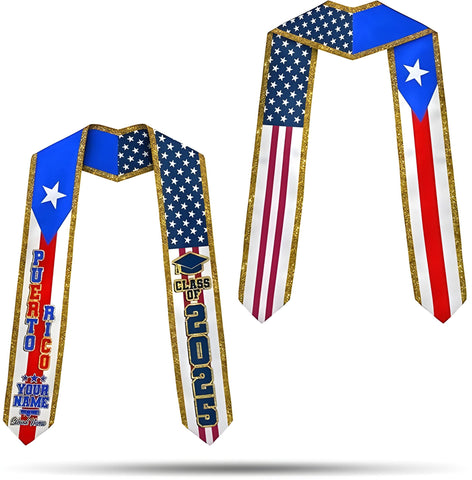 Custom Puerto Ricans Graduation Sash 2025, Puerto Rico American Flag Graduation Stole 2025, Puerto Rico Graduation Stole