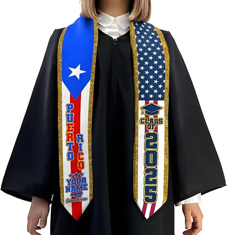Custom Puerto Ricans Graduation Sash 2025, Puerto Rico American Flag Graduation Stole 2025, Puerto Rico Graduation Stole