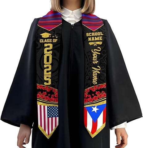 Custom Puerto Ricans Graduation Sash 2025, Puerto Rico American Flag Graduation Stole 2025, Puerto Rico Graduation Sash