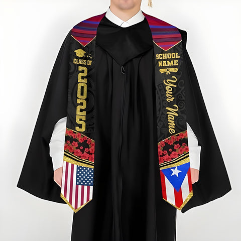 Custom Puerto Ricans Graduation Sash 2025, Puerto Rico American Flag Graduation Stole 2025, Puerto Rico Graduation Sash
