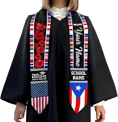 Custom Puerto Ricans Graduation Sash, Puerto Rico American Flag Graduation Stole 2025, Puerto Rico Graduation Sash 2025