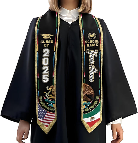 Custom Mexican Graduation Sash, Mexican American Flag Graduation Stole 2025, Mexico Graduation Stole Class of 2025