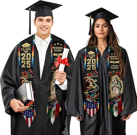 Custom Mexican Graduation Sash 2025, Mexican American Flag Graduation Stole, Mexico Graduation Sash Class of 2025