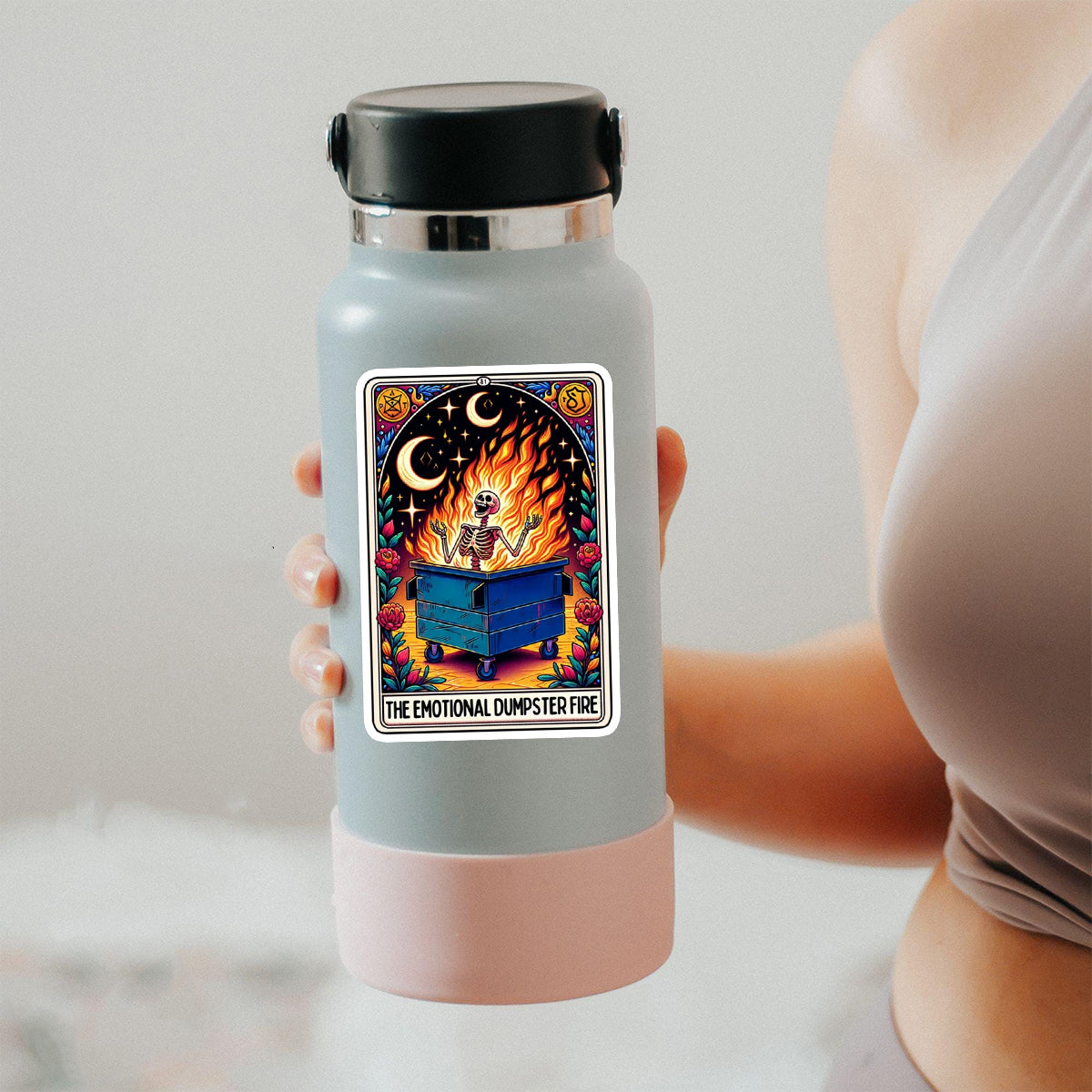 Funny skeleton dumpster fire sticker, Waterproof Vinyl Sticker for Book Laptop Water Bottle Phone Case