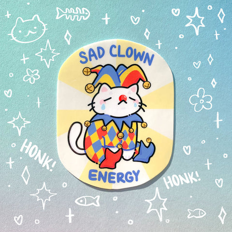 Sad Clown Energy Sticker | Cute Kitten Circus Jester Design | Funny Pet Sticker for Laptop, Water Bottle
