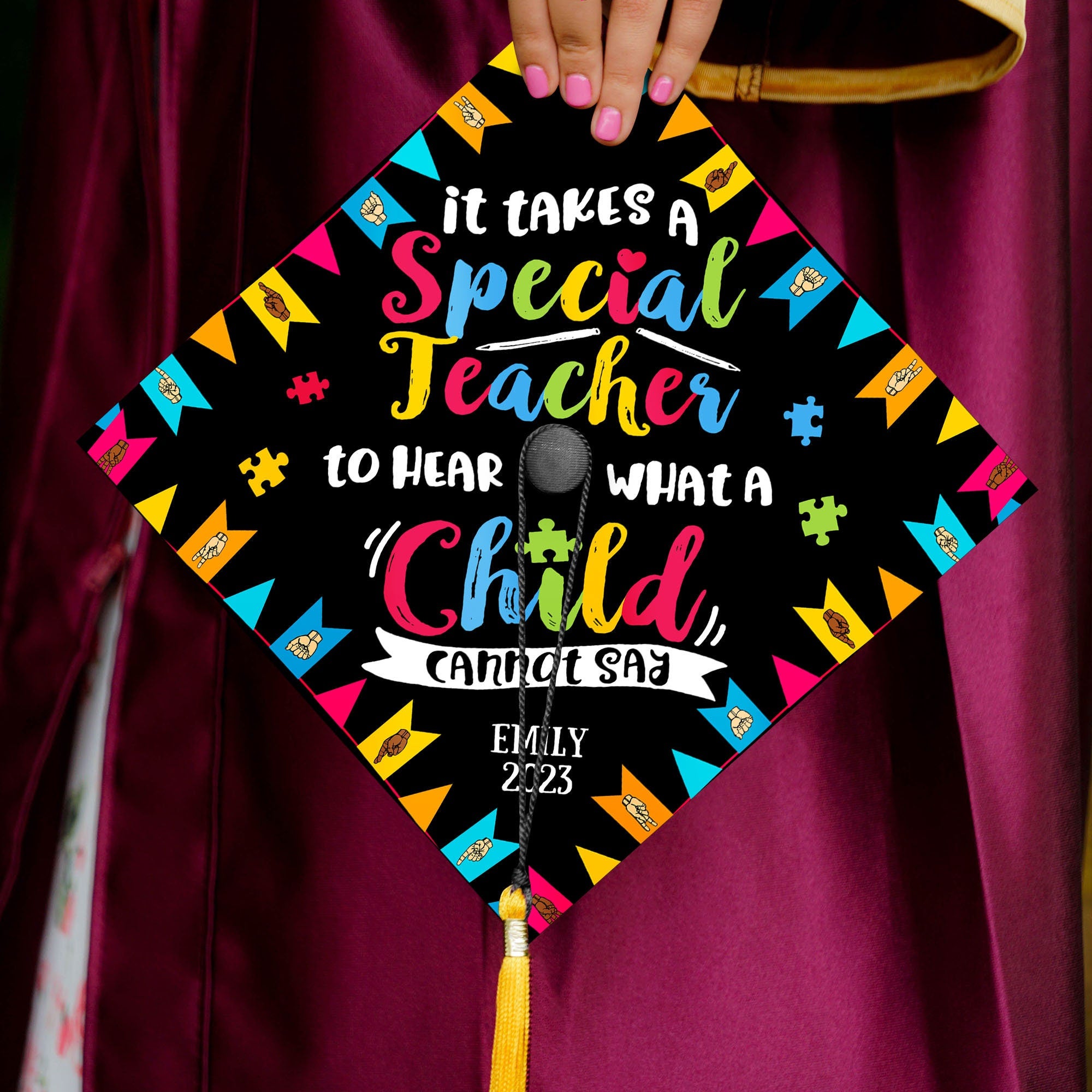 Personalized  It Takes A Special Teacher Printed Grad Cap Topper, Custom Cap Decoration For Special Education, Gift For Graduation 2024
