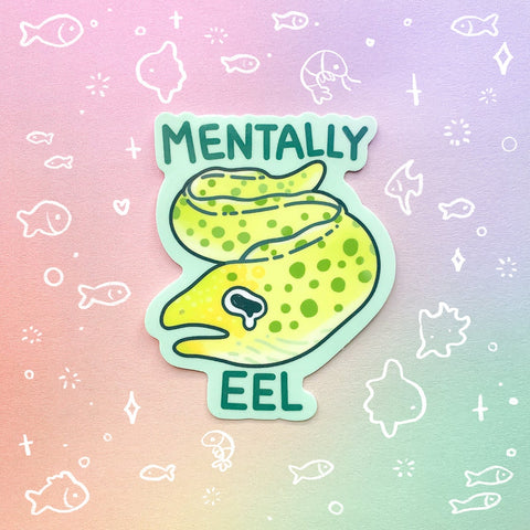 Mentally Eel Sticker | Funny Sad Fish Meme Design | Cute Moray Marine Animal Pun Sticker for Laptop, Water Bottle