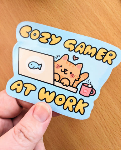 Cozy Gamer at Work Cat Sticker OR Magnet | Die Cut | Waterproof Vinyl