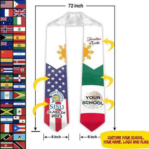 Personalized Congrats 2025 Graduation Stole, Mixed Two Flag Graduation Stole, Graduation Sash Gift, Class of 2025 Grad Sash