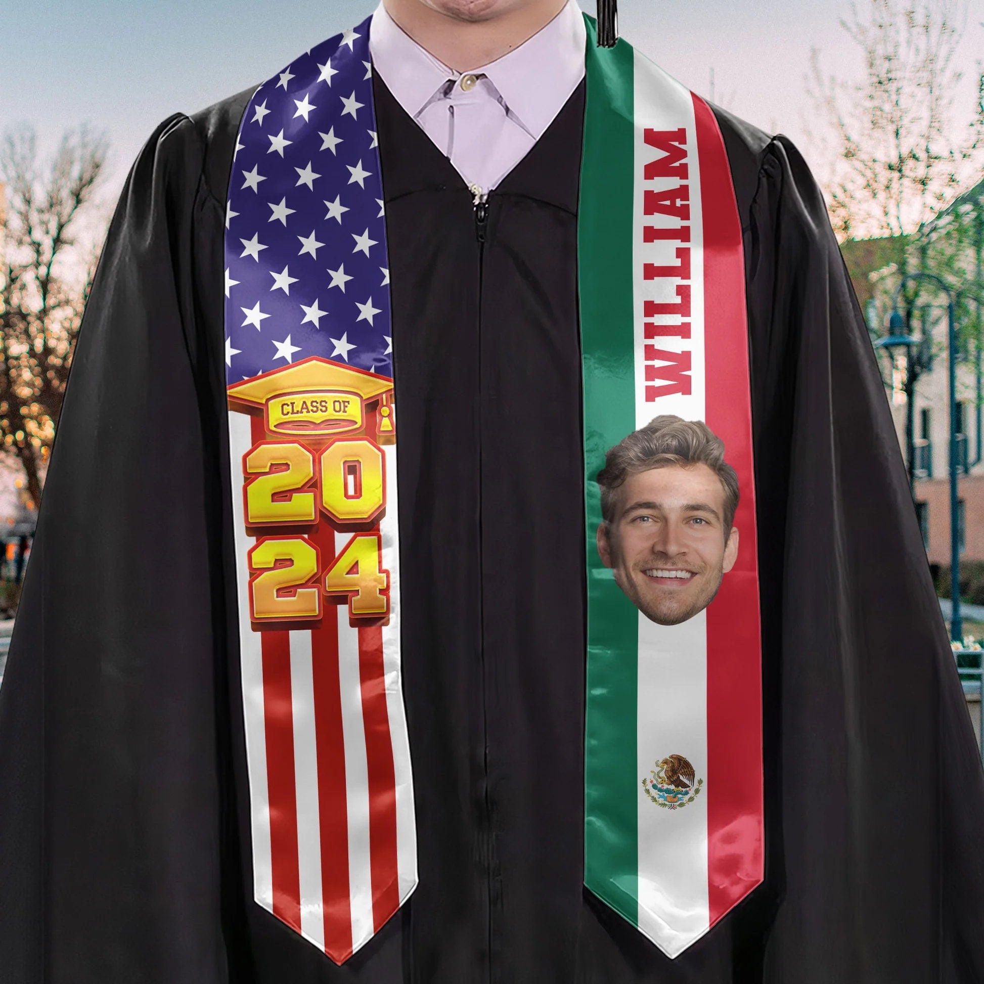 Personalized Congrats 2025 Graduation Stole, Mixed Two Flag Graduation Stole, Graduation Sash Gift, Class of 2025 Grad Sash.