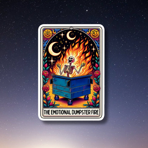 emotional dumpster fire tarot card vinyl sticker, water bottle sticker, laptop sticker, kindle stickers, sarcastic sticker, funny stickers