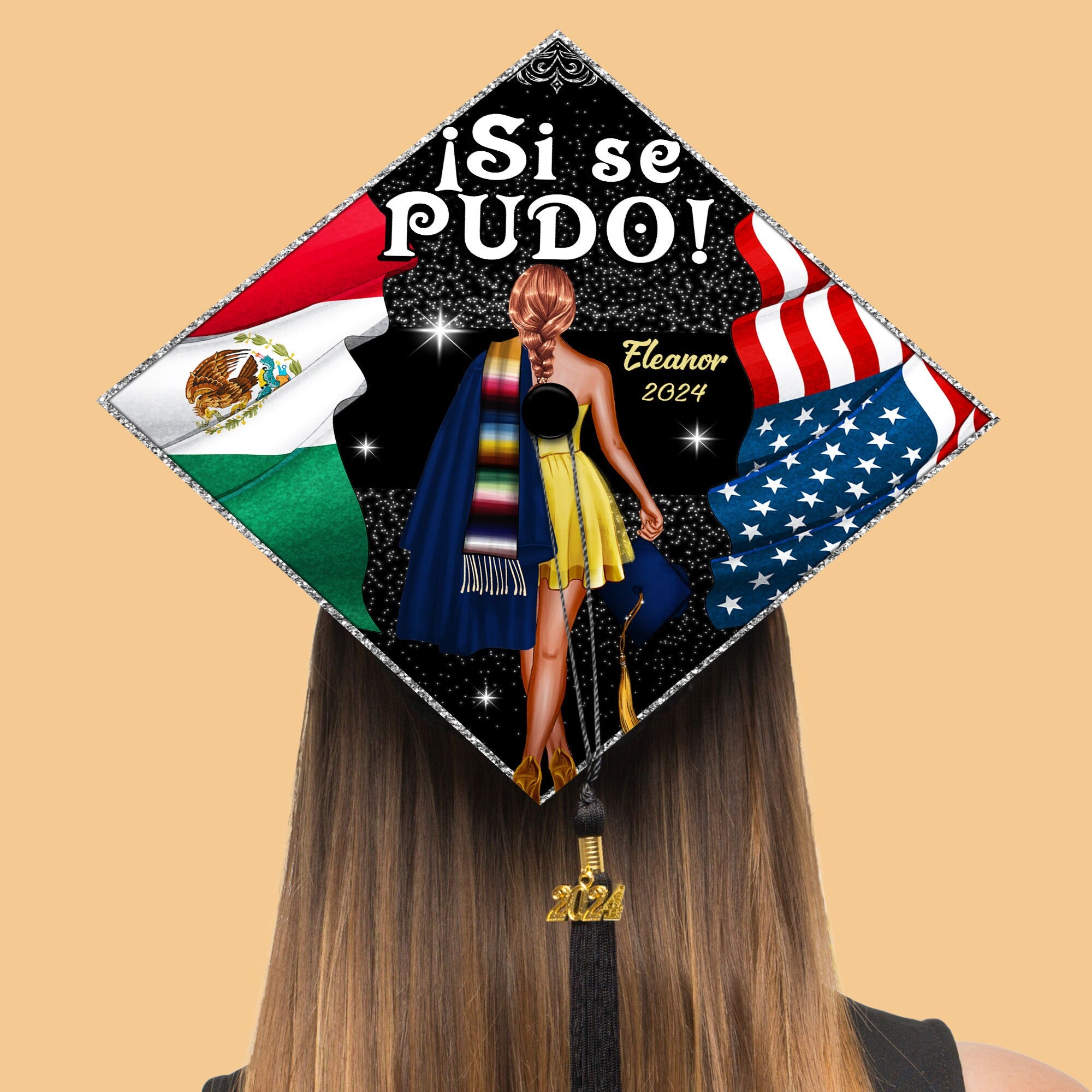 Custom Mexican Grad Cap Topper, Si se pudo Mexican US Flag Graduation Cap, Personalized Latin Graduation Cap Topper, Proud First Generation