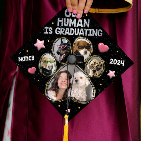 Personalized Graduation Cap For Dog Lover, Our Human is Graduating Printed Grad Cap Topper, Custom Cap Decoration, Pet Lover Gifts