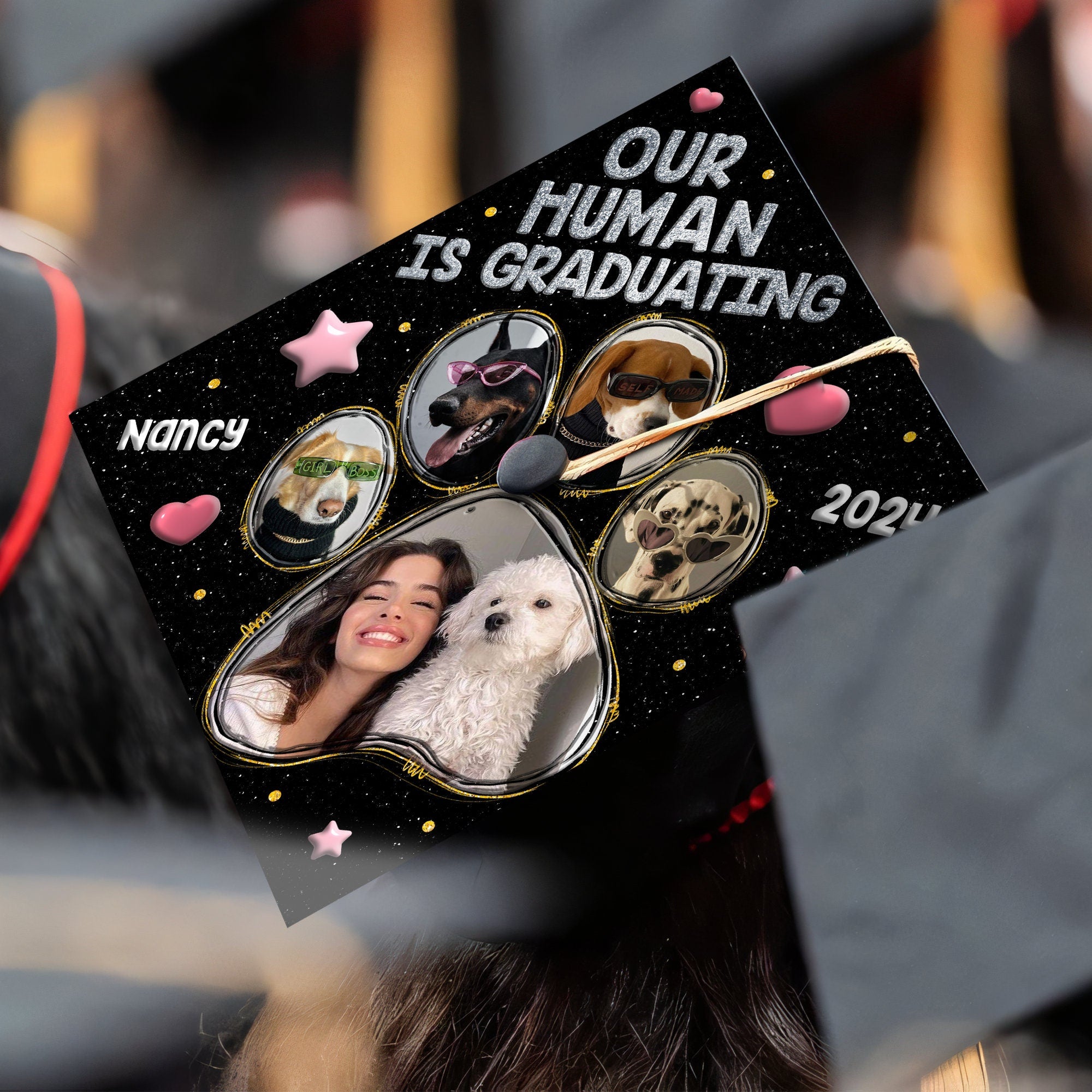 Personalized Graduation Cap For Dog Lover, Our Human is Graduating Printed Grad Cap Topper, Custom Cap Decoration, Pet Lover Gifts