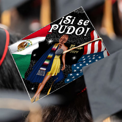 Custom Mexican Grad Cap Topper, Si se pudo Mexican US Flag Graduation Cap, Personalized Latin Graduation Cap Topper, Proud First Generation