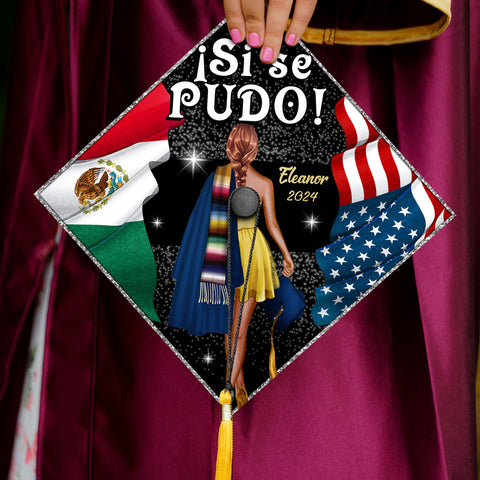 Custom Mexican Grad Cap Topper, Si se pudo Mexican US Flag Graduation Cap, Personalized Latin Graduation Cap Topper, Proud First Generation