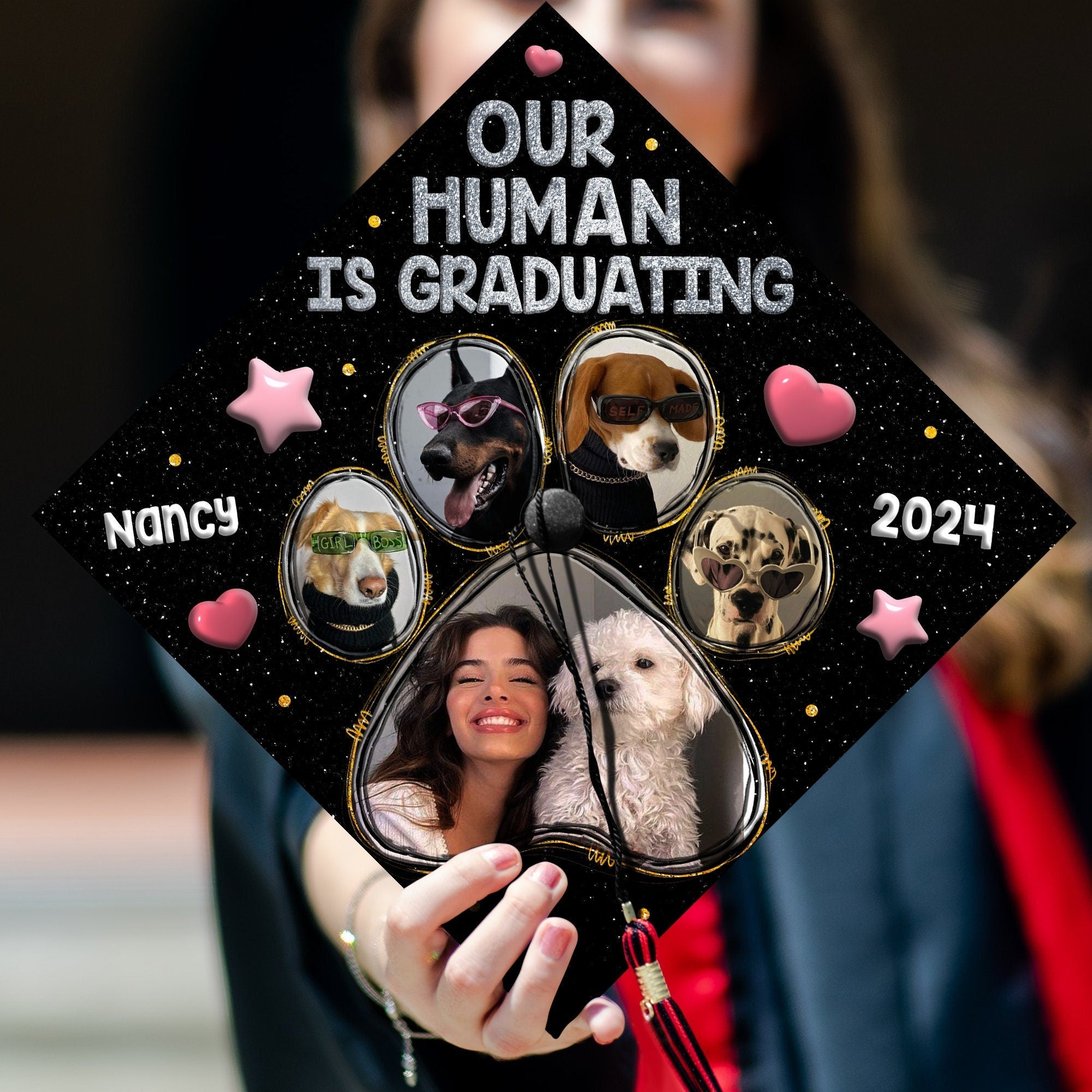 Personalized Graduation Cap For Dog Lover, Our Human is Graduating Printed Grad Cap Topper, Custom Cap Decoration, Pet Lover Gifts