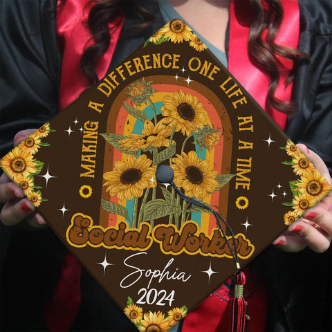 Personalized Social Worker Graduation Cap Topper, MSW Graduation Cap Topper, Class Of 2025, Making A Difference One Life At A Time Grad Cap
