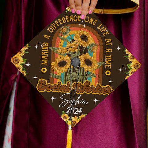 Personalized Social Worker Graduation Cap Topper, MSW Graduation Cap Topper, Class Of 2025, Making A Difference One Life At A Time Grad Cap