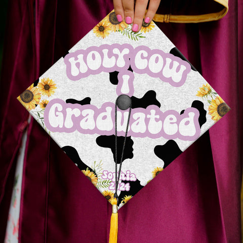 Personalized Holy Cow I Graduated Graduation Cap Topper, Funny Grad Cap Topper, Class Of 2025, Cow Lovers Graduation Cap, Graduation Decor