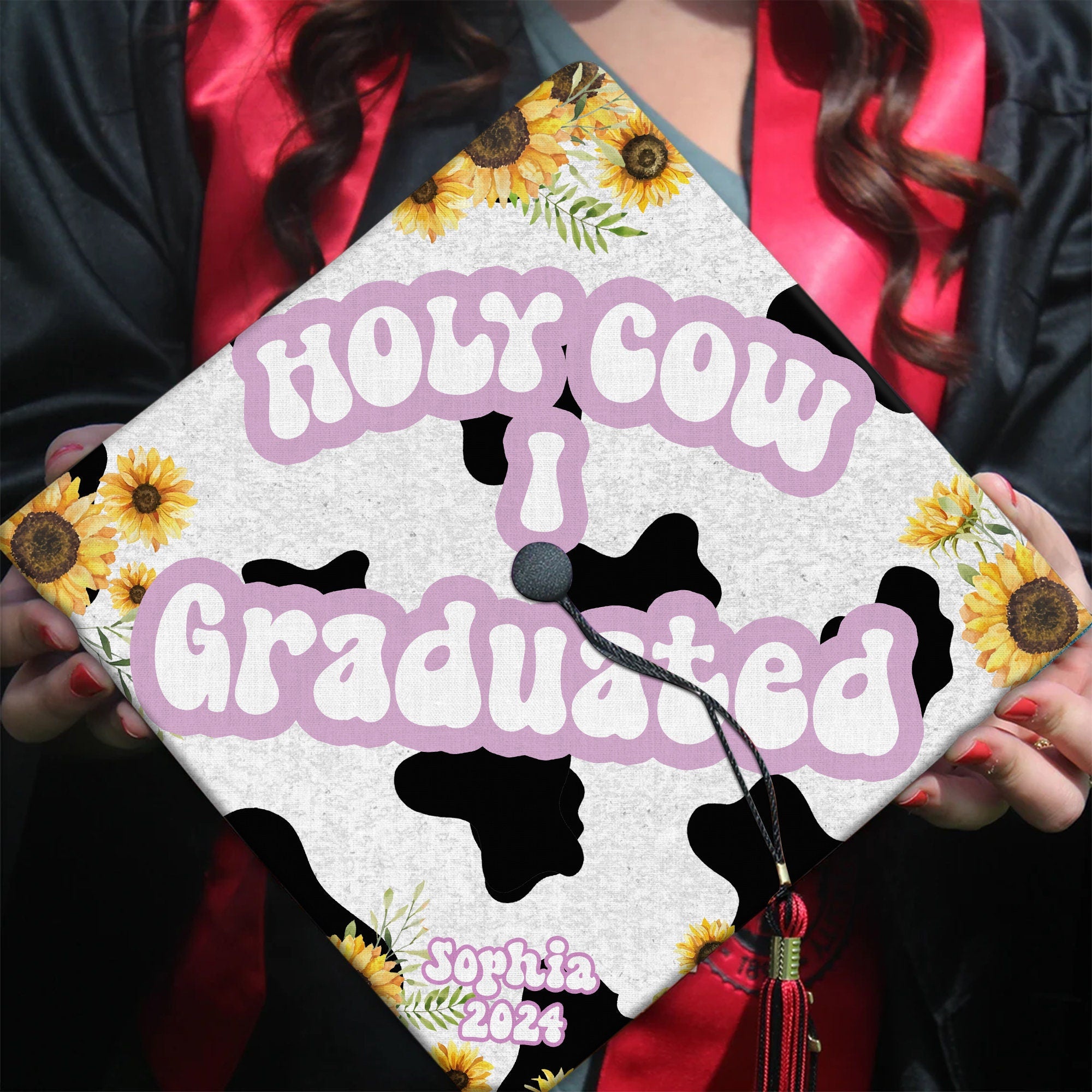 Personalized Holy Cow I Graduated Graduation Cap Topper, Funny Grad Cap Topper, Class Of 2025, Cow Lovers Graduation Cap, Graduation Decor