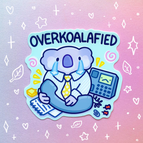 Overqualified Sticker | Funny Koala Business Office Humor | Corporate Job Design for Laptop, Water Bottle