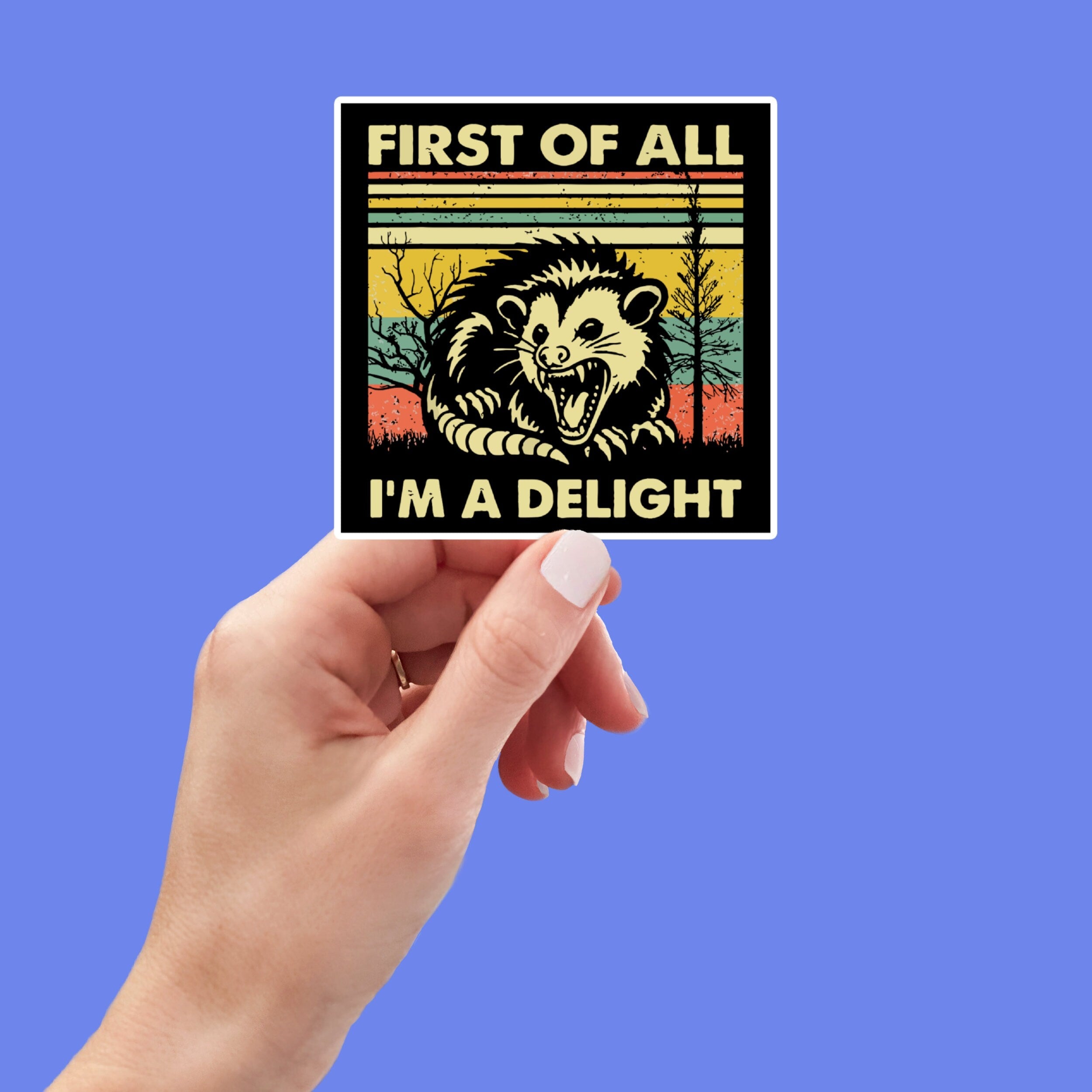 First of All I'm a Delight, Funny Possum Sticker for Laptop, Water Bottle, Kindle, Sarcastic, Cute Animal Stickers, Funny Vinyl Decal