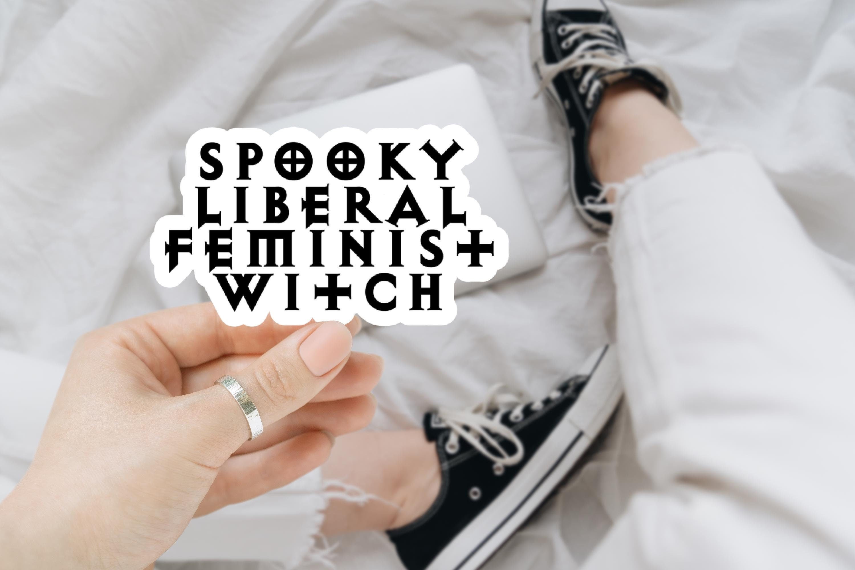 spooky liberal feminist witch sticker, feminist sticker, witchy sticker, waterproof vinyl sticker, laptop sticker, women's rights
