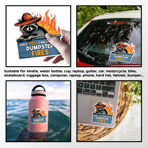 Cowboy raccoon only you can prevent dumpster fires sticker, Waterproof Vinyl Sticker for Book Laptop Water Bottle Phone Case