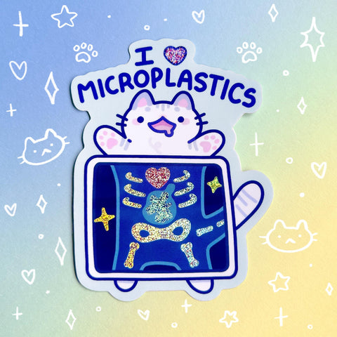 I Love Microplastics Sticker | Cute Cat Kitten Eating Plastic Design | X-Ray Vet Visit Sticker for Laptop, Water Bottle, Phone