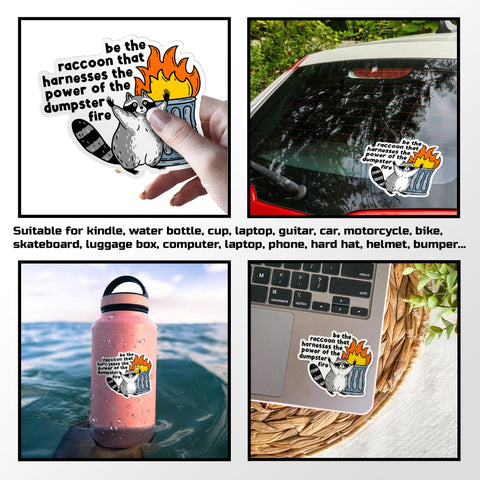 Funny raccoon dumpster fire meme sticker, Waterproof Vinyl Sticker for Book Laptop Water Bottle Phone Case