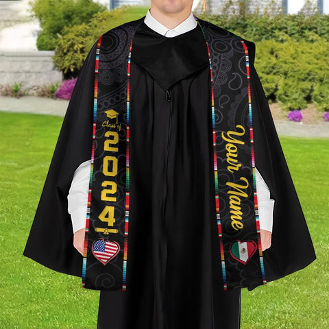 Personalized Two Flag Graduation Stoles, Double Nation Graduation Sash, Class Of 2025 Stoles, Mixed Two Flag Graduation Stoles TD-0419-RL8G